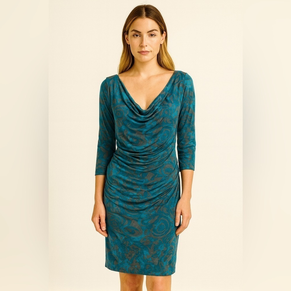 Clara Sun Woo Teal Abstract Print Cowl Neck Ruched Dress Size Large